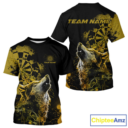 Custom Black And Yellow Splatter Grunge Dart Wolf Men T-Shirts, Wolf Dart Team Jerseys IPHW10014