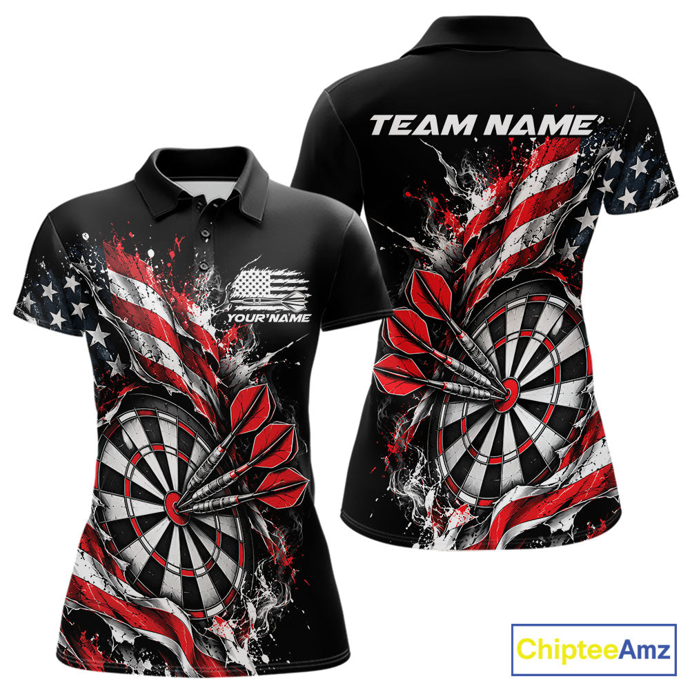Custom Patriotic Bullseye Dart Women Polo Shirt, American Flag Dart Team Jersey IPHW12535