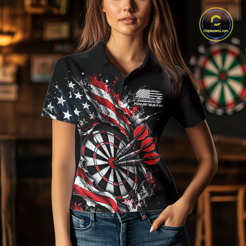 Custom Patriotic Bullseye Dart Women Polo Shirt, American Flag Dart Team Jersey IPHW12535