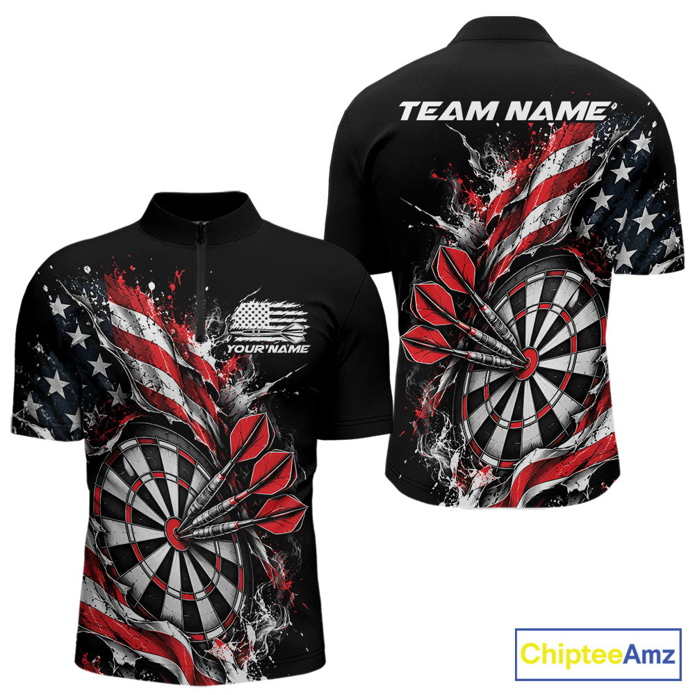Custom Patriotic Bullseye Dart Men Quarter Zip Shirt, American Flag Dart Team Jersey IPHW12535