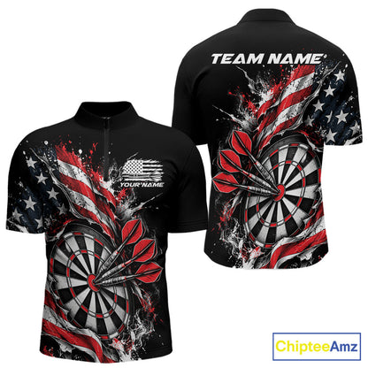 Custom Patriotic Bullseye Dart Men Quarter Zip Shirt, American Flag Dart Team Jersey IPHW12535