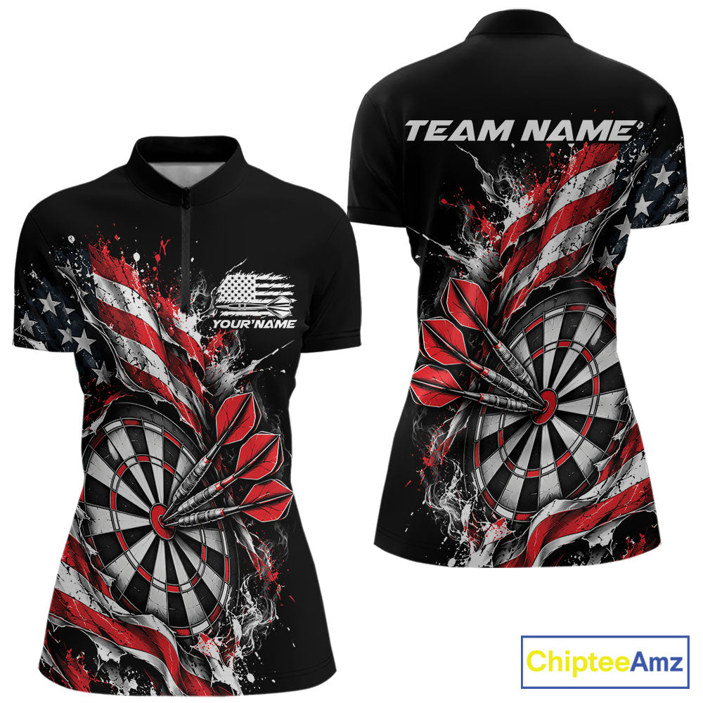 Custom Patriotic Bullseye Dart Women Quarter-Zip Shirt, American Flag Dart Team Jersey IPHW12535