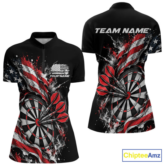 Custom Patriotic Bullseye Dart Women Quarter-Zip Shirt, American Flag Dart Team Jersey IPHW12535