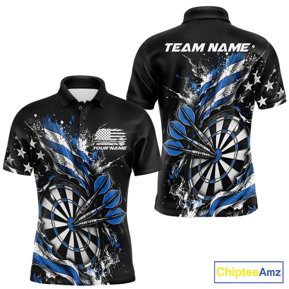 Custom Patriotic Bullseye Dart Men Polo Shirt, Blue American Flag Dart Team Jersey IPHW12536