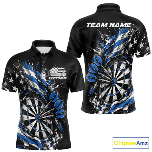 Custom Patriotic Bullseye Dart Men Polo Shirt, Blue American Flag Dart Team Jersey IPHW12536