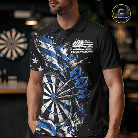 Custom Patriotic Bullseye Dart Men Polo Shirt, Blue American Flag Dart Team Jersey IPHW12536