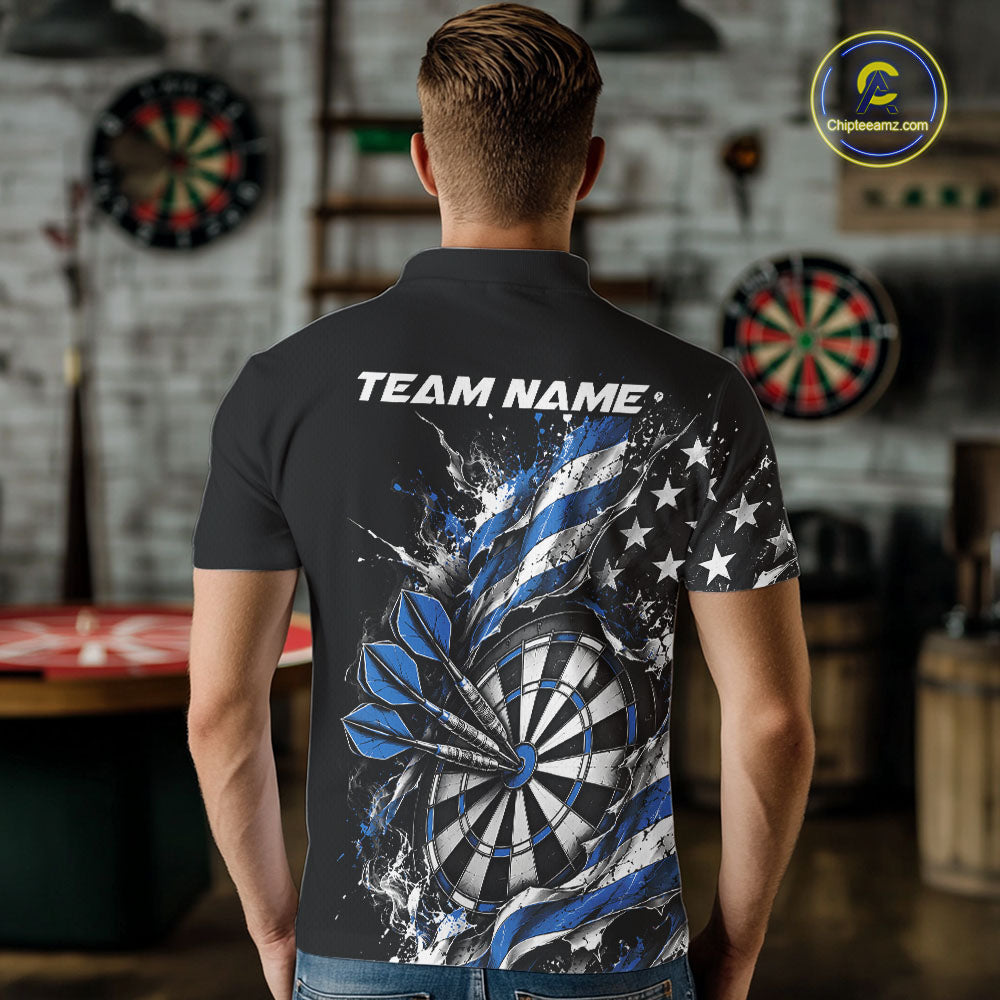 Custom Patriotic Bullseye Dart Men Polo Shirt, Blue American Flag Dart Team Jersey IPHW12536