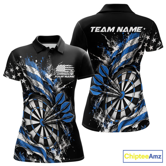 Custom Patriotic Bullseye Dart Women Polo Shirt, Blue American Flag Dart Team Jersey IPHW12536