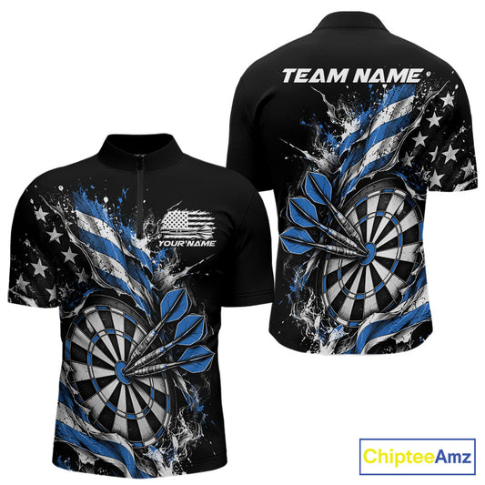 Custom Patriotic Bullseye Dart Men Quarter Zip Shirt, Blue American Flag Dart Team Jersey IPHW12536