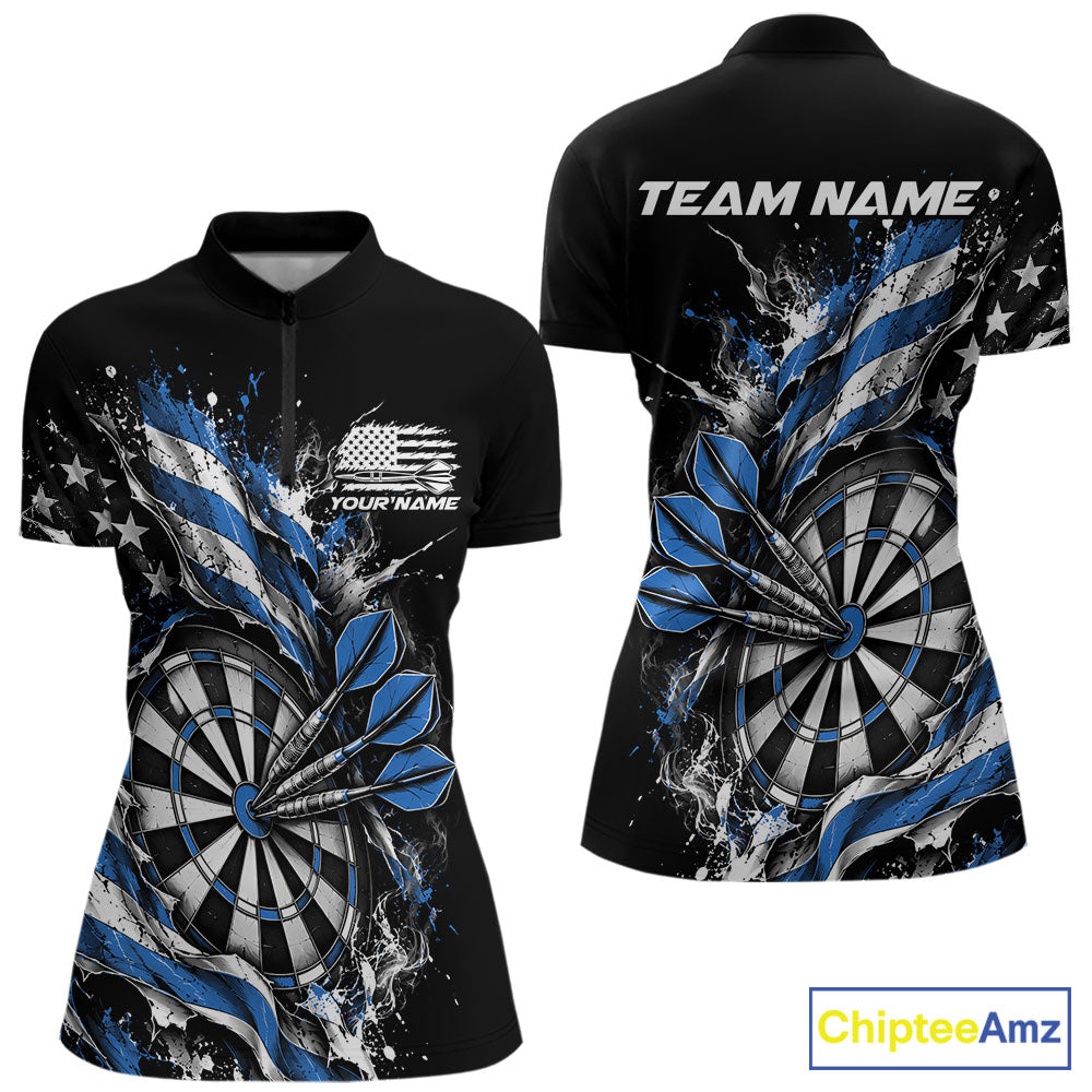 Custom Patriotic Bullseye Dart Women Quarter-Zip Shirt, Blue American Flag Dart Jersey IPHW12536