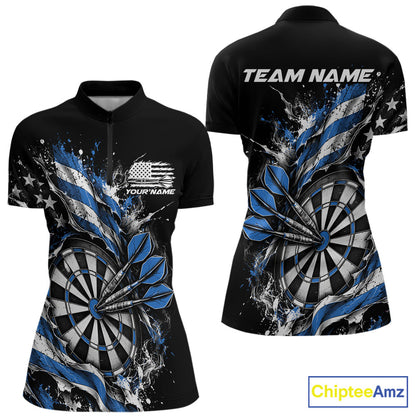 Custom Patriotic Bullseye Dart Women Quarter-Zip Shirt, Blue American Flag Dart Jersey IPHW12536