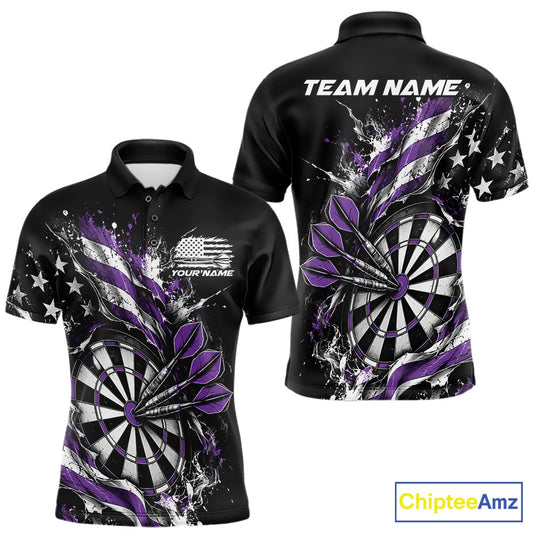 Custom Patriotic Bullseye Dart Men Polo Shirt, Purple American Flag Dart Team Jersey IPHW12537