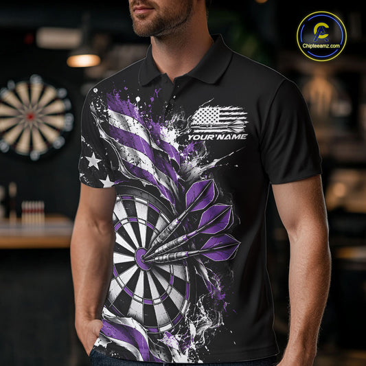 Custom Patriotic Bullseye Dart Men Polo Shirt, Purple American Flag Dart Team Jersey IPHW12537