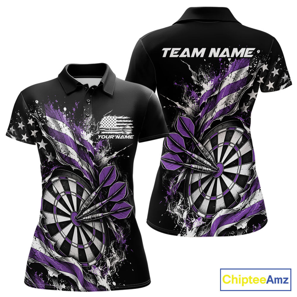 Custom Patriotic Bullseye Dart Women Polo Shirt, Purple American Flag Dart Team Jersey IPHW12537