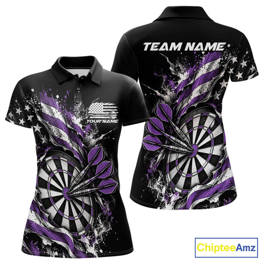 Custom Patriotic Bullseye Dart Women Polo Shirt, Purple American Flag Dart Team Jersey IPHW12537