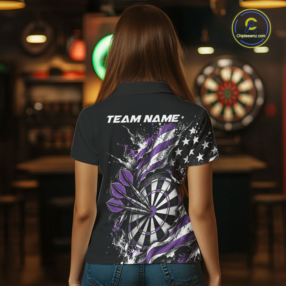 Custom Patriotic Bullseye Dart Women Polo Shirt, Purple American Flag Dart Team Jersey IPHW12537