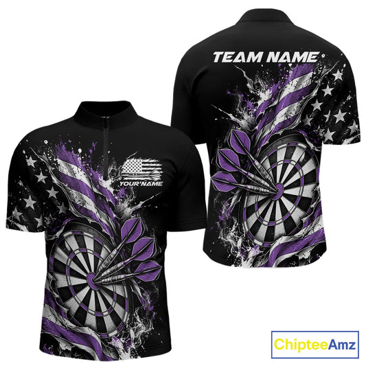 Custom Patriotic Bullseye Dart Men Quarter Zip Shirt, Purple American Flag Dart Team Jersey IPHW12537