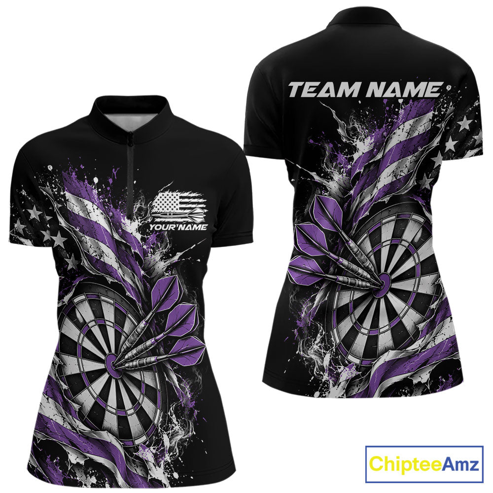 Custom Patriotic Bullseye Dart Women Quarter-Zip Shirt, Purple American Flag Dart Jersey IPHW12537