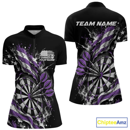 Custom Patriotic Bullseye Dart Women Quarter-Zip Shirt, Purple American Flag Dart Jersey IPHW12537