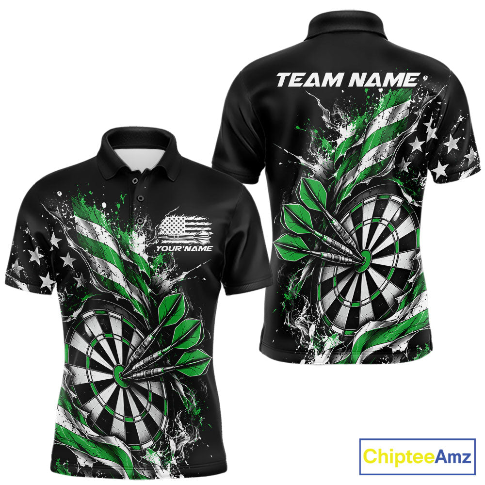 Custom Patriotic Bullseye Dart Men Polo Shirt, Green American Flag Dart Team Jersey IPHW12538