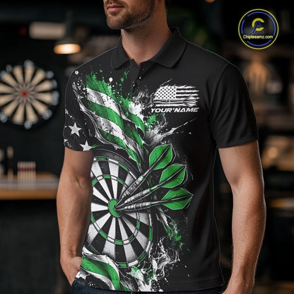 Custom Patriotic Bullseye Dart Men Polo Shirt, Green American Flag Dart Team Jersey IPHW12538