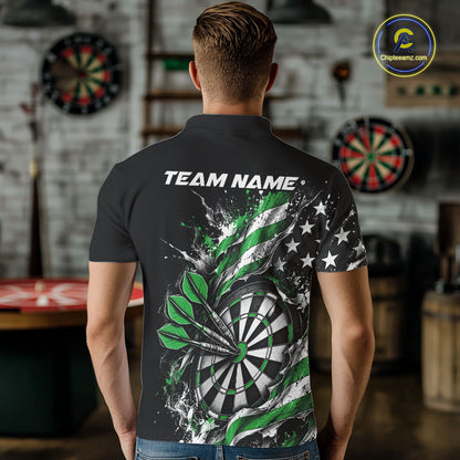 Custom Patriotic Bullseye Dart Men Polo Shirt, Green American Flag Dart Team Jersey IPHW12538