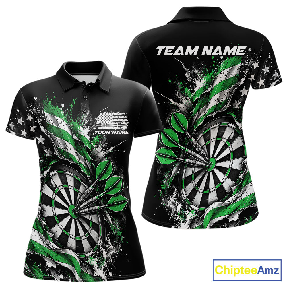 Custom Patriotic Bullseye Dart Women Polo Shirt, Green American Flag Dart Team Jersey IPHW12538