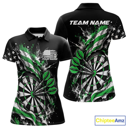 Custom Patriotic Bullseye Dart Women Polo Shirt, Green American Flag Dart Team Jersey IPHW12538