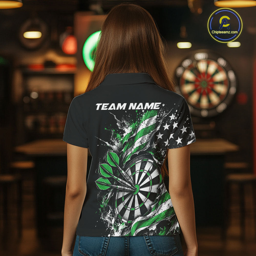 Custom Patriotic Bullseye Dart Women Polo Shirt, Green American Flag Dart Team Jersey IPHW12538
