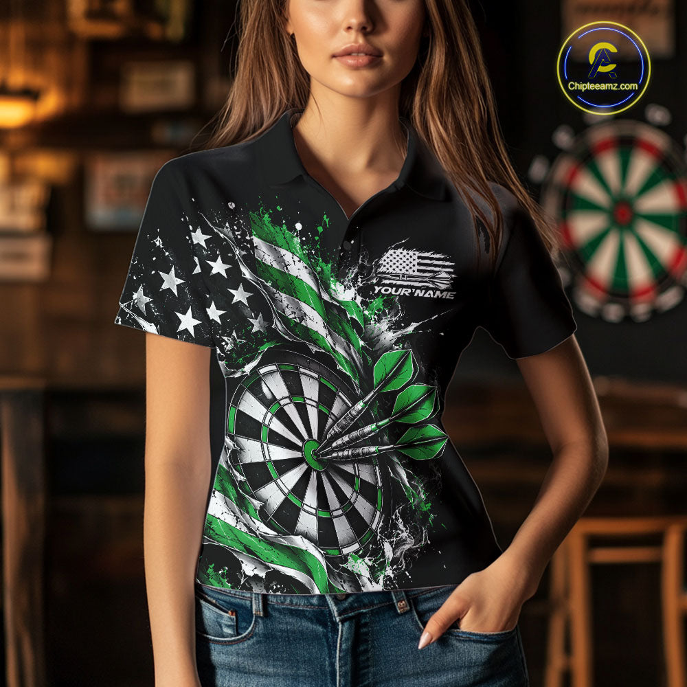 Custom Patriotic Bullseye Dart Women Polo Shirt, Green American Flag Dart Team Jersey IPHW12538