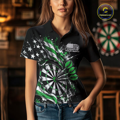 Custom Patriotic Bullseye Dart Women Polo Shirt, Green American Flag Dart Team Jersey IPHW12538