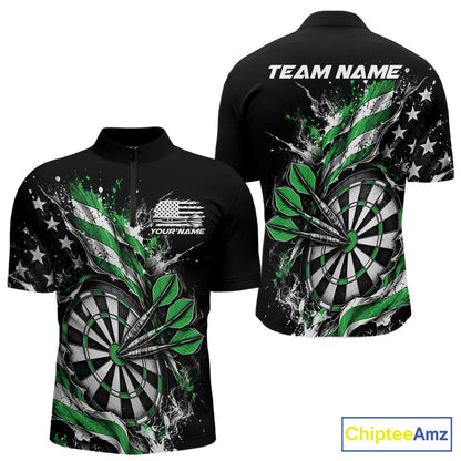 Custom Patriotic Bullseye Dart Men Quarter Zip Shirt, Green American Flag Dart Team Jersey IPHW12538