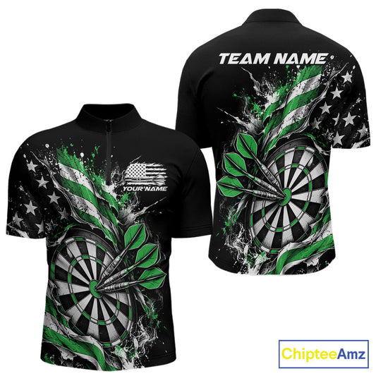 Custom Patriotic Bullseye Dart Men Quarter Zip Shirt, Green American Flag Dart Team Jersey IPHW12538