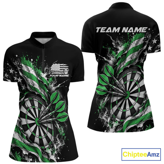 Custom Patriotic Bullseye Dart Women Quarter-Zip Shirt, Green American Flag Dart Jersey IPHW12538