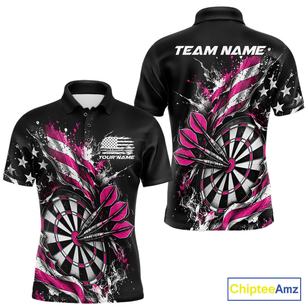 Custom Patriotic Bullseye Dart Men Polo Shirt, Pink American Flag Dart Team Jersey IPHW12539