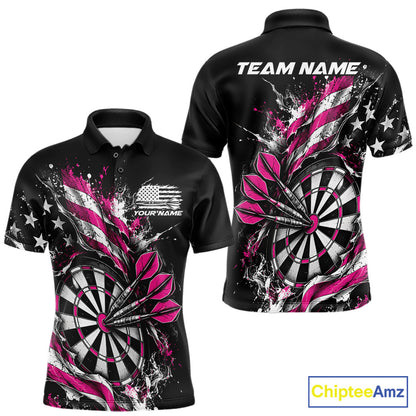 Custom Patriotic Bullseye Dart Men Polo Shirt, Pink American Flag Dart Team Jersey IPHW12539