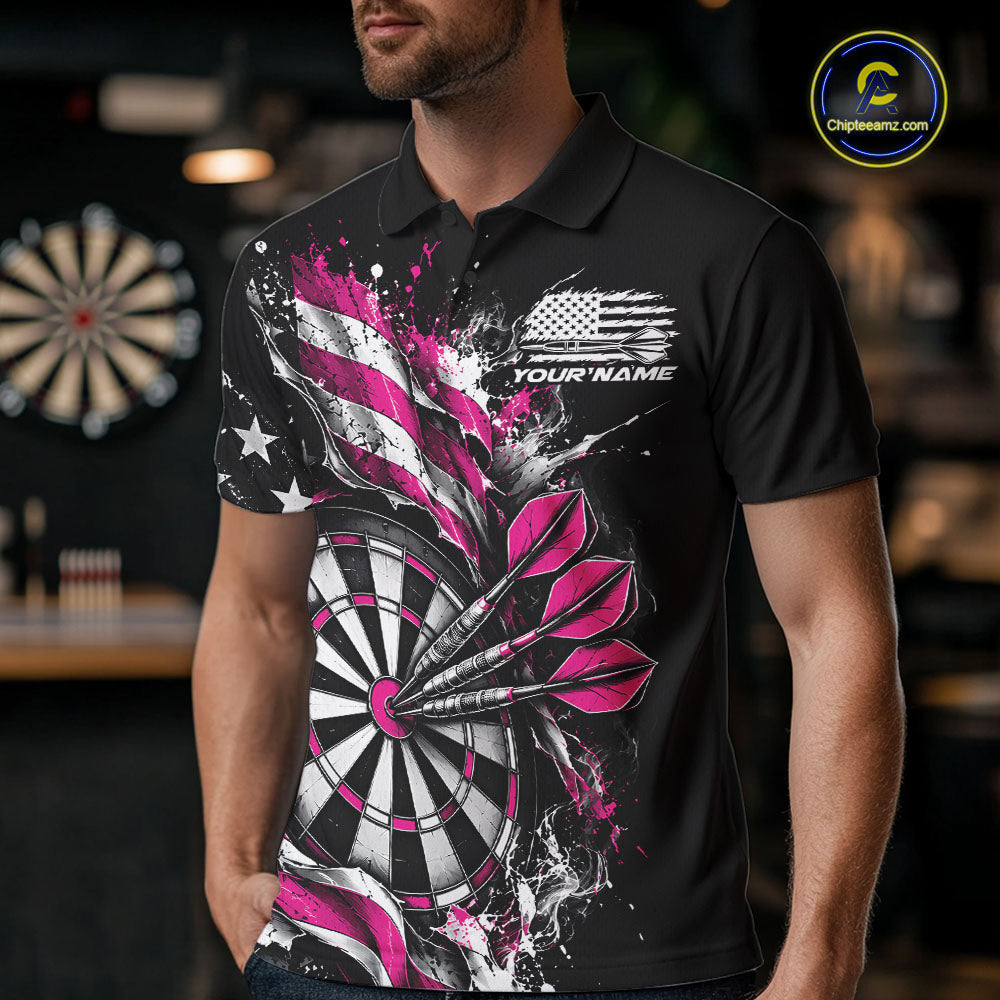 Custom Patriotic Bullseye Dart Men Polo Shirt, Pink American Flag Dart Team Jersey IPHW12539