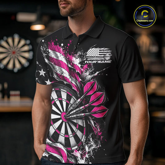 Custom Patriotic Bullseye Dart Men Polo Shirt, Pink American Flag Dart Team Jersey IPHW12539