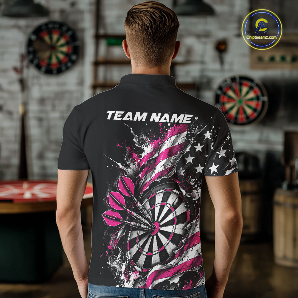 Custom Patriotic Bullseye Dart Men Polo Shirt, Pink American Flag Dart Team Jersey IPHW12539
