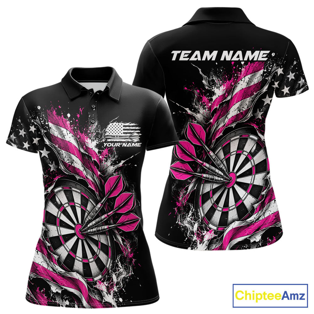 Custom Patriotic Bullseye Dart Women Polo Shirt, Pink American Flag Dart Team Jersey IPHW12539