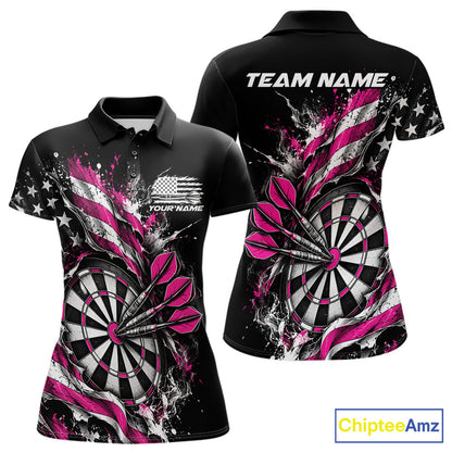 Custom Patriotic Bullseye Dart Women Polo Shirt, Pink American Flag Dart Team Jersey IPHW12539
