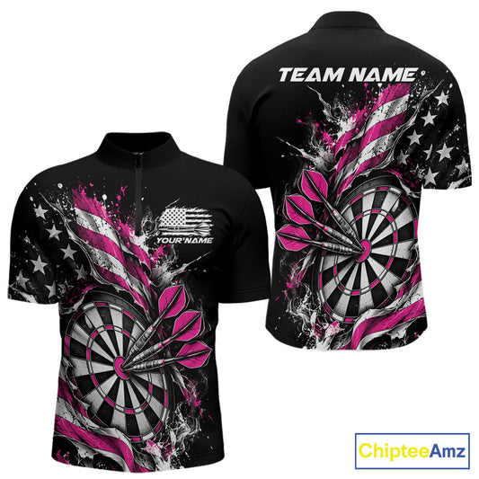 Custom Patriotic Bullseye Dart Men Quarter Zip Shirt, Pink American Flag Dart Team Jersey IPHW12539