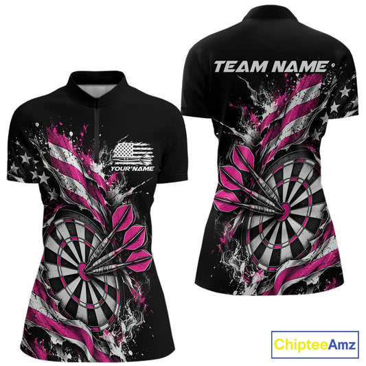 Custom Patriotic Bullseye Dart Women Quarter-Zip Shirt, Pink American Flag Dart Jersey IPHW12539