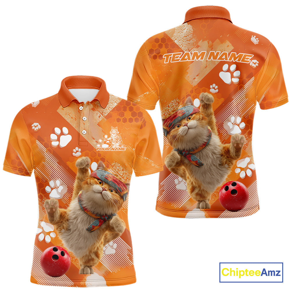 Custom Funny Orange Cat Bowling Men Polo Shirt, Cute Team Cat Paw Bowling Shirt IPHW10102