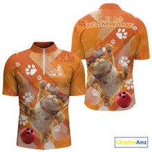 Load image into Gallery viewer, Custom Funny Orange Cat Bowling Men Quarter-Zip Shirt, Cute Team Cat Paw Bowling Shirt IPHW10102