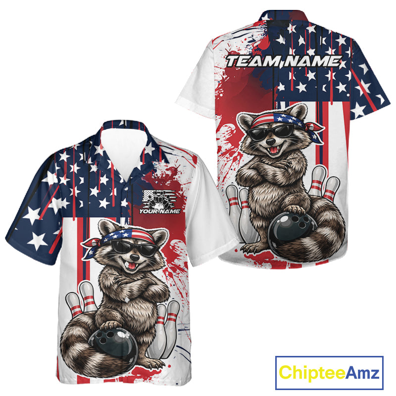 Custom Patriotic Funny Raccoon Bowling Men And Women Button Up Shirt, US Flag Bowling Jersey IPHW12155