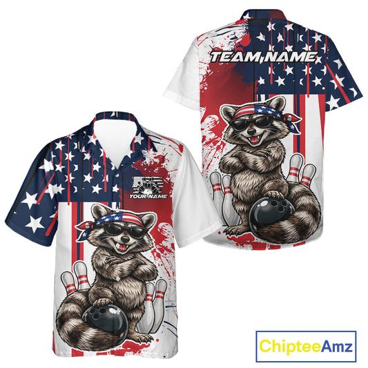 Custom Patriotic Funny Raccoon Bowling Men And Women Button Up Shirt, US Flag Bowling Jersey IPHW12155