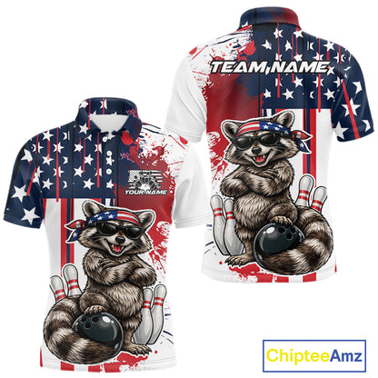 Custom Patriotic Funny Raccoon Bowling Men Polo Shirt, US Flag Bowling Jersey IPHW12155