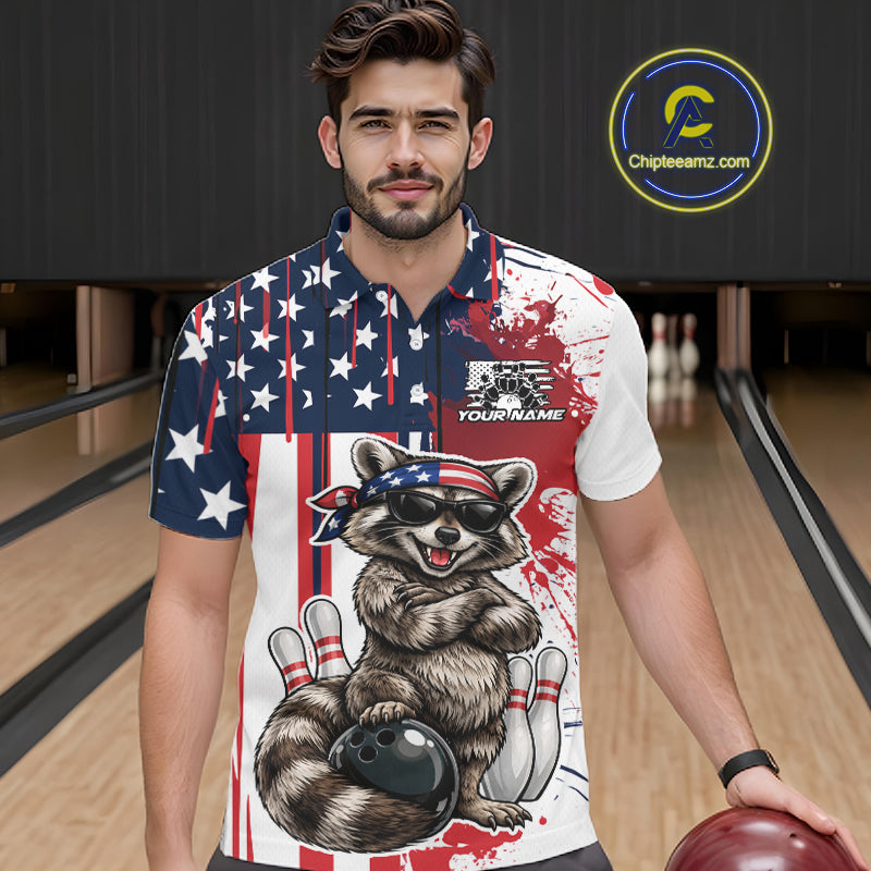 Custom Patriotic Funny Raccoon Bowling Men Polo Shirt, US Flag Bowling Jersey IPHW12155