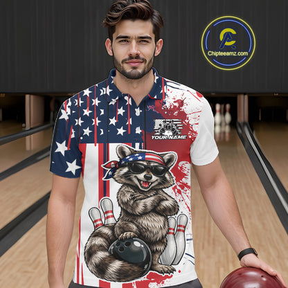 Custom Patriotic Funny Raccoon Bowling Men Polo Shirt, US Flag Bowling Jersey IPHW12155